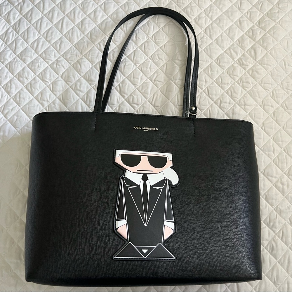 Karl Lagerfeld Black Leather Tote with Signature Design
